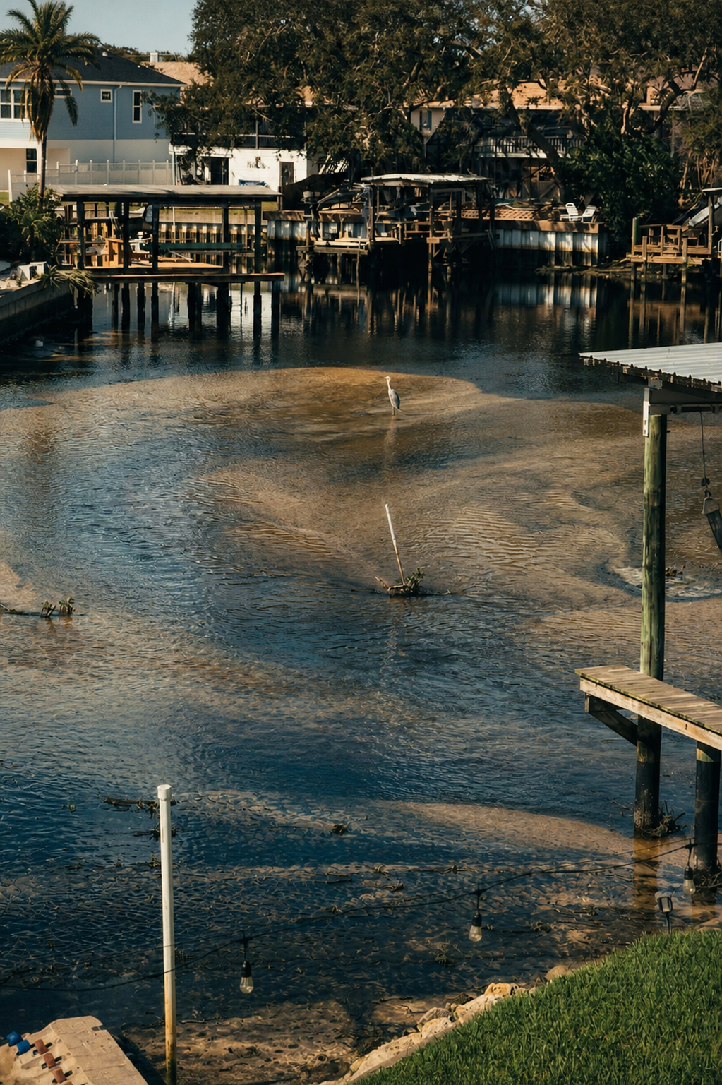 Stylized editorial treatment of a neighborhood photograph showing shallow canal water, visible sediment, and docks along the shore